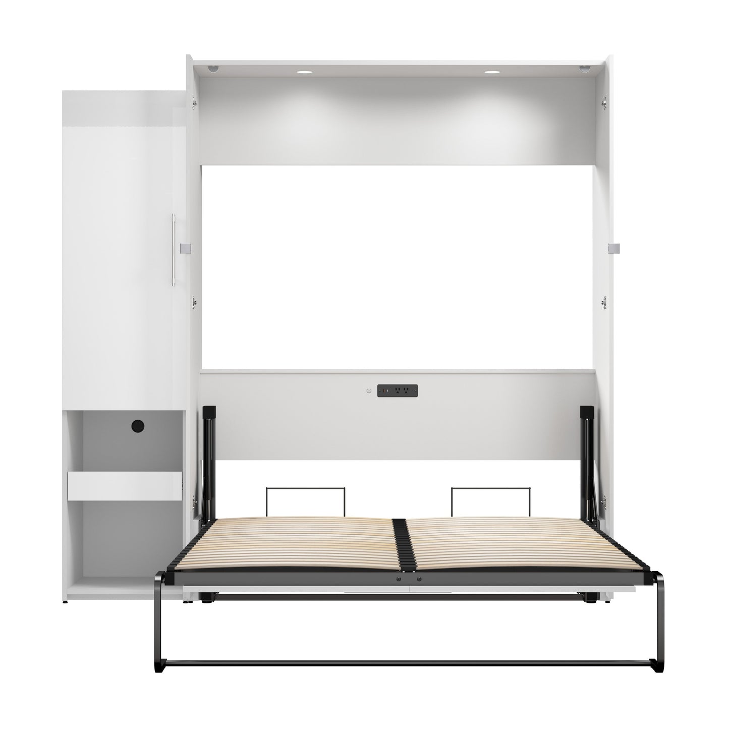 Modubox Avalon High Gloss Queen Murphy Bed and Storage Cabinet with Pull-Out Shelf (87W) in High Gloss White