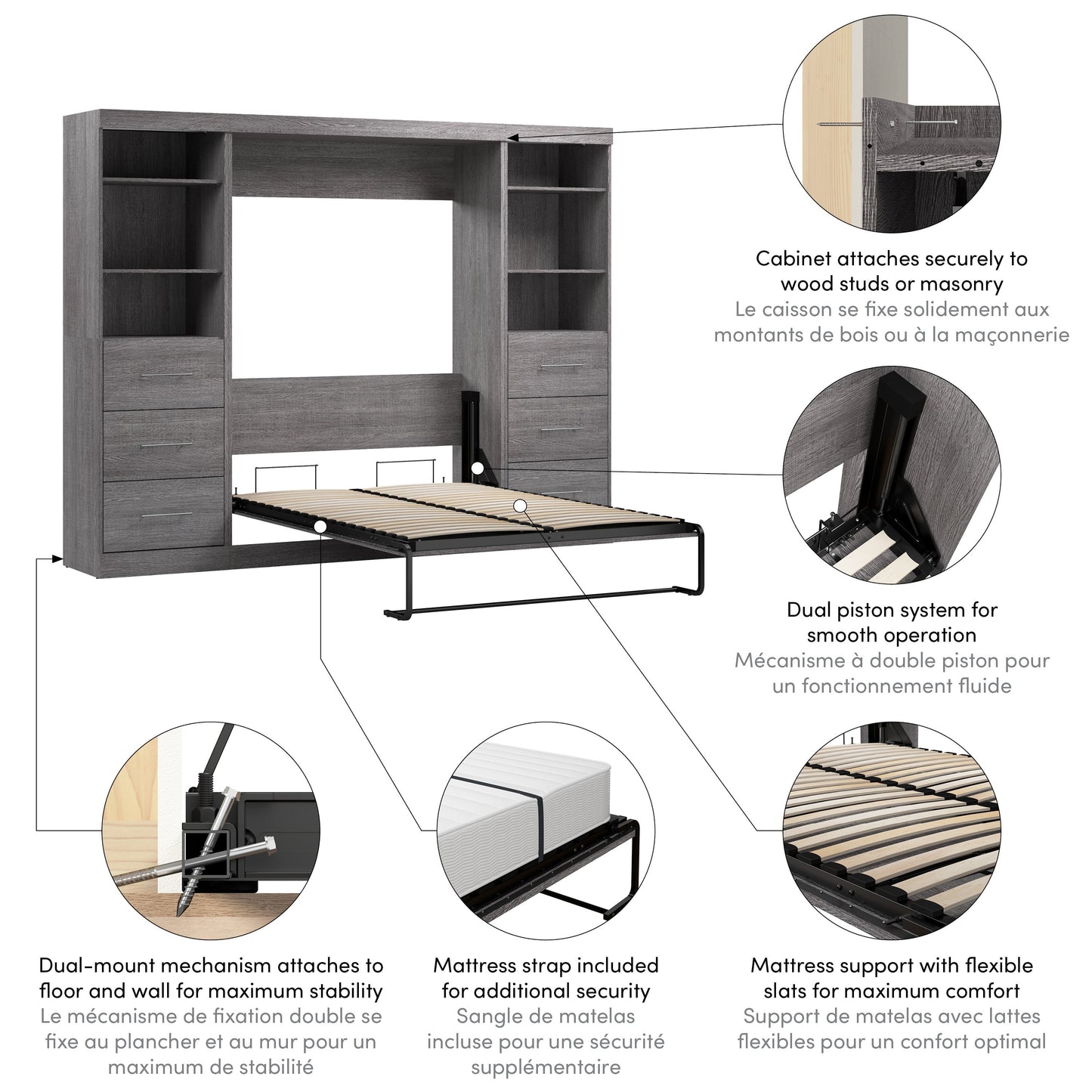 Modubox Nebula Full Murphy Bed and 2 Closet Organizers with Drawers (109W) in Bark Grey