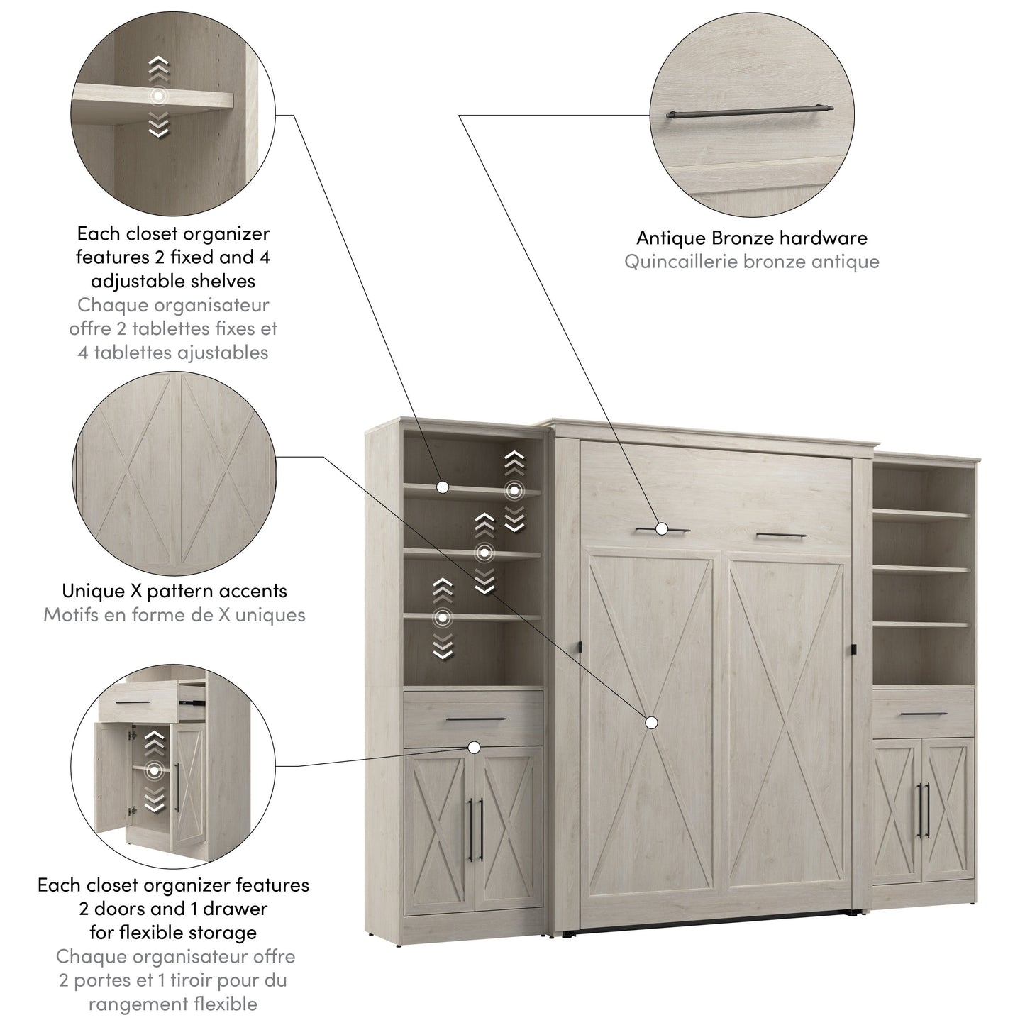 Modubox Key West 111W Full Murphy Bed and Closet Organizers with Doors and Drawers (113W) in Linen White Oak