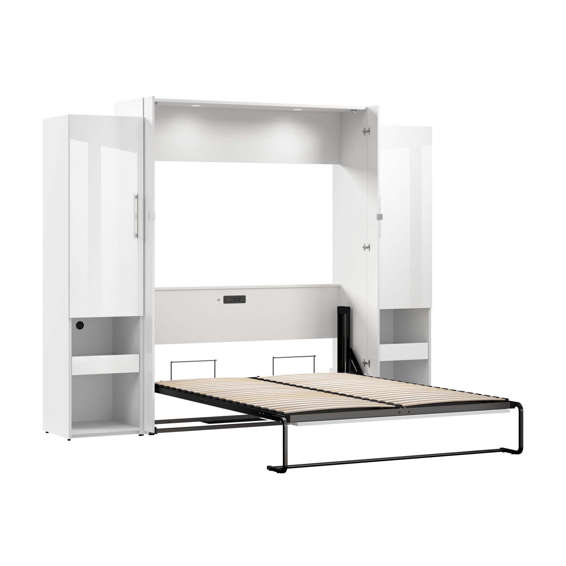 Modubox Avalon High Gloss Queen Murphy Bed and Storage Cabinets with Pull-Out Shelf (107W) in High Gloss White