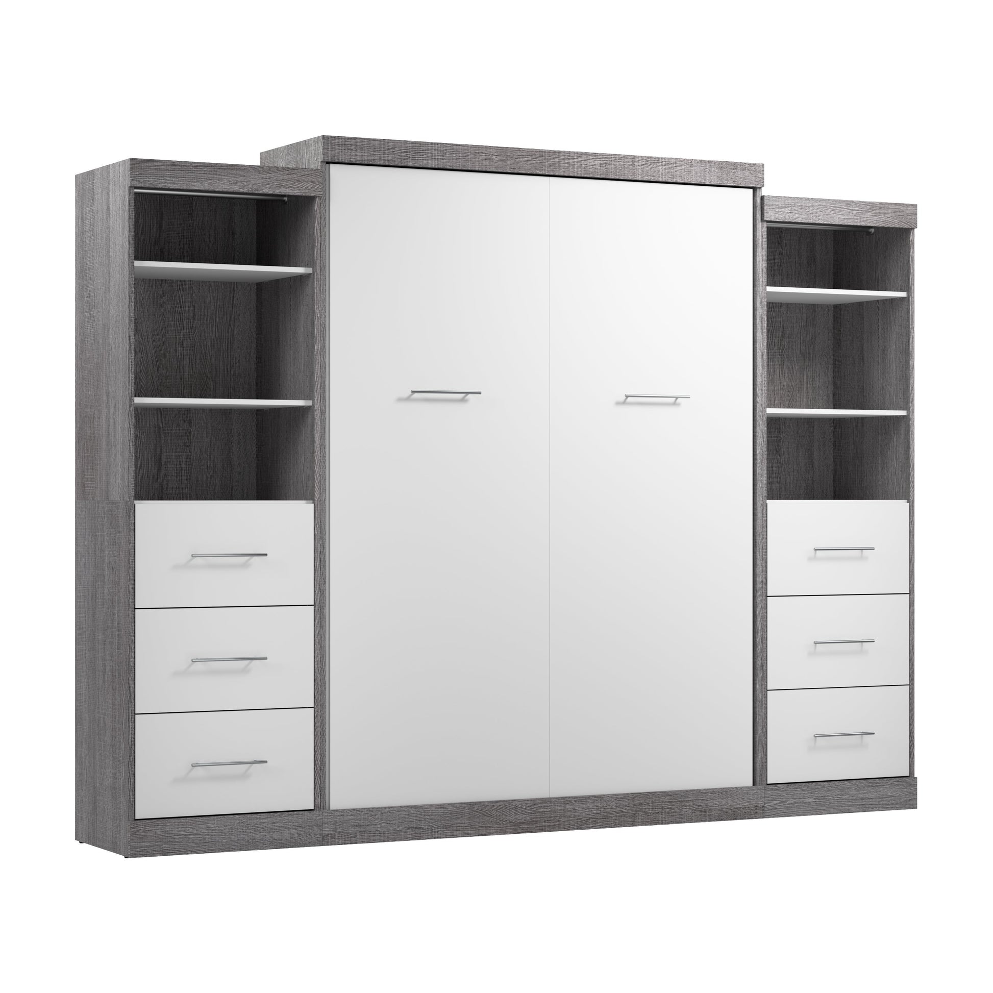 Modubox Nebula Queen Murphy Bed and 2 Closet Organizers with Drawers (115W) in Bark Grey & White