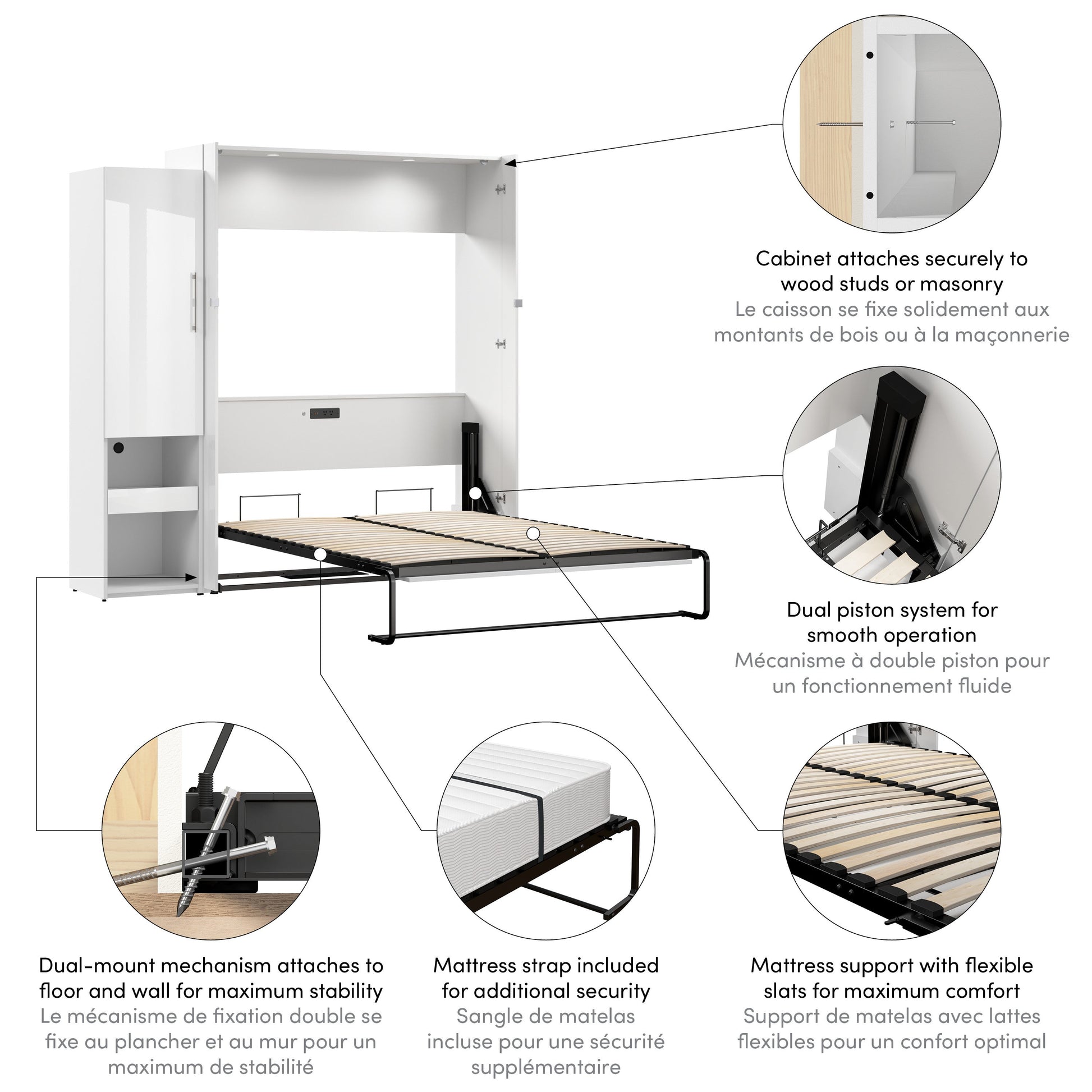 Modubox Avalon High Gloss Queen Murphy Bed and Storage Cabinet with Pull-Out Shelf (87W) in High Gloss White