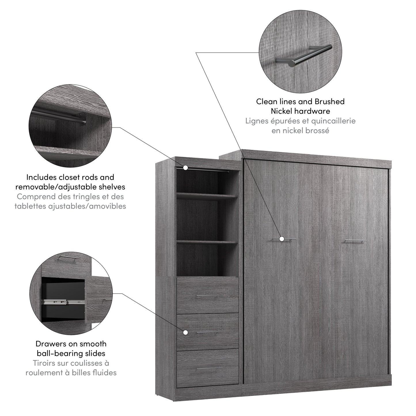 Modubox Nebula Queen Murphy Bed and Closet Organizer with Drawers (90W) in Bark Grey