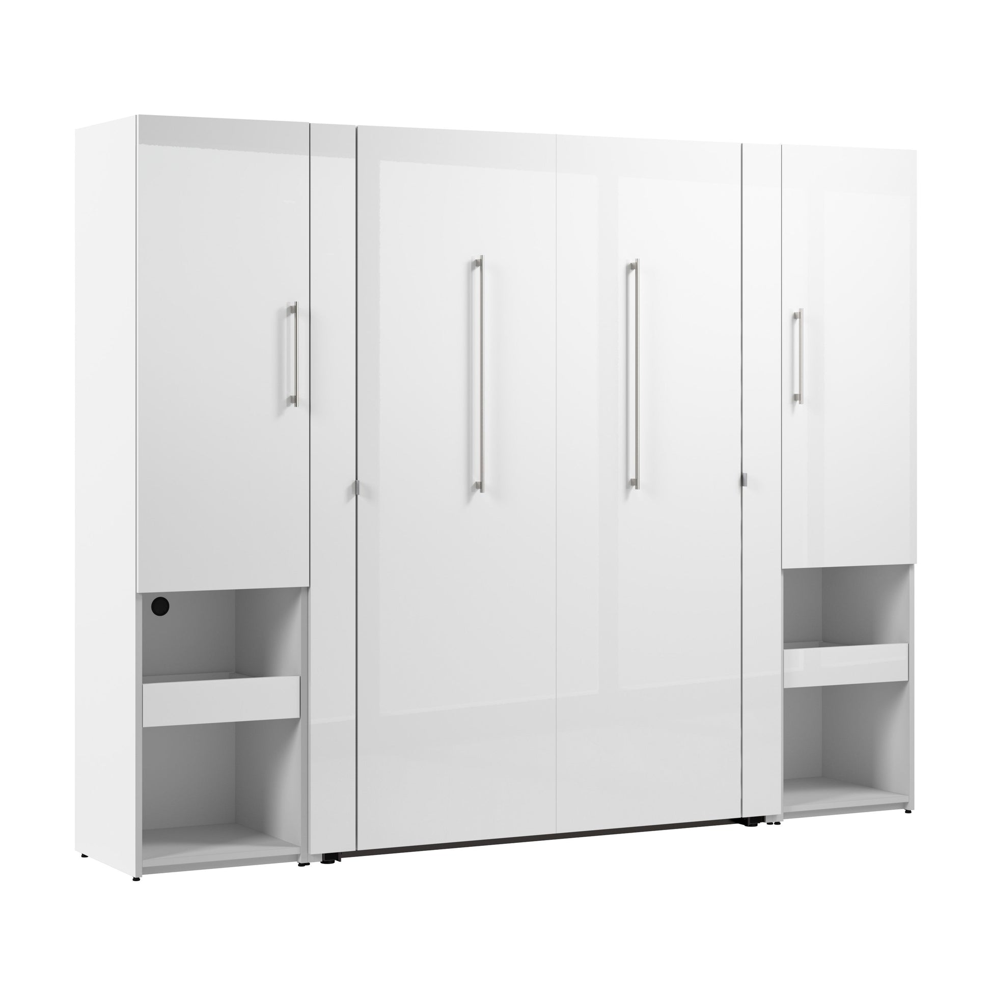 Modubox Avalon High Gloss Full Murphy Bed and Storage Cabinets with Pull-Out Shelf (101W) in High Gloss White