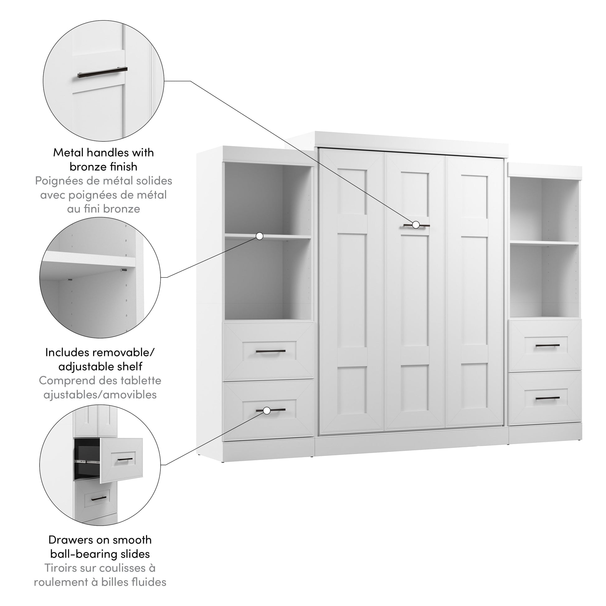 Modubox Edge Full Murphy Bed and Closet Organizers with Drawers (110W) in White