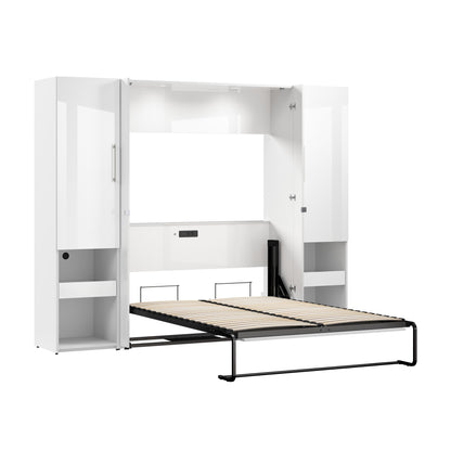 Modubox Avalon High Gloss Full Murphy Bed and Storage Cabinets with Pull-Out Shelf (101W) in High Gloss White