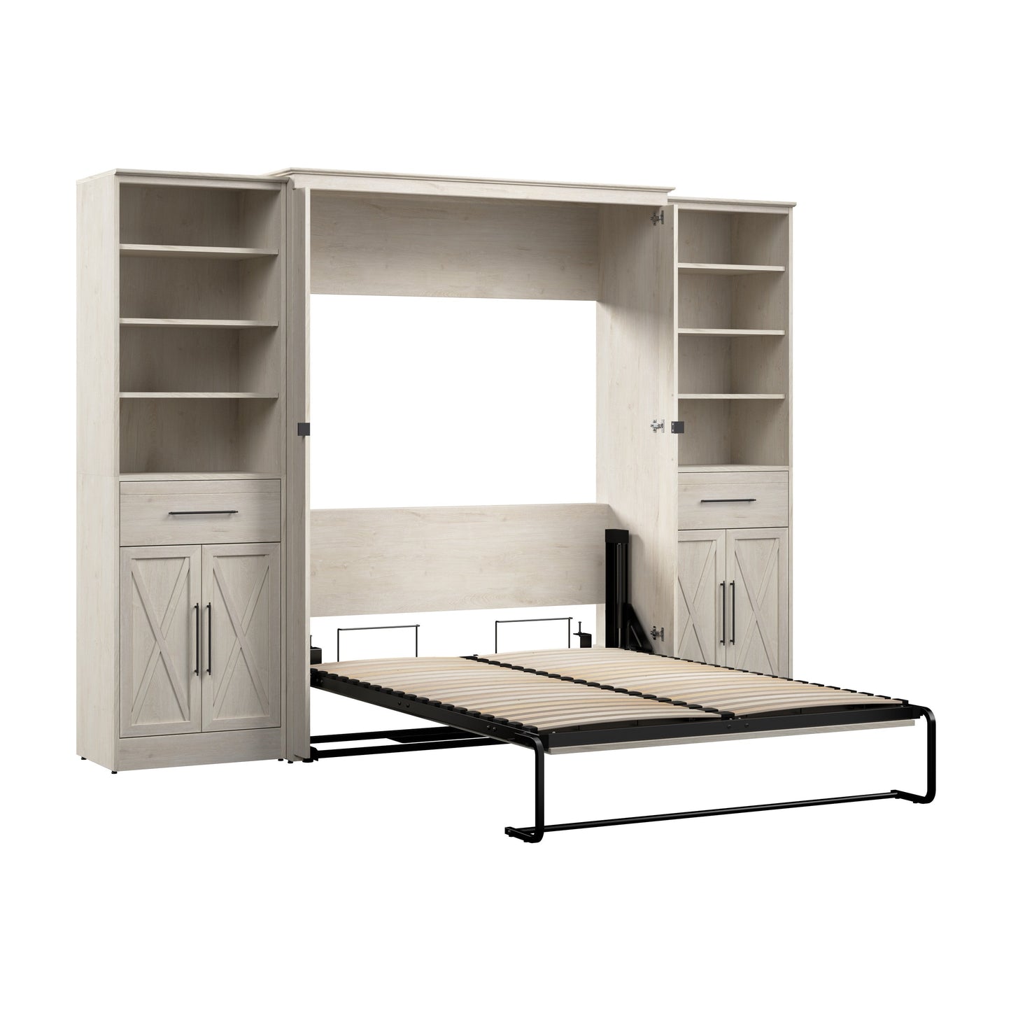 Modubox Key West 111W Full Murphy Bed and Closet Organizers with Doors and Drawers (113W) in Linen White Oak