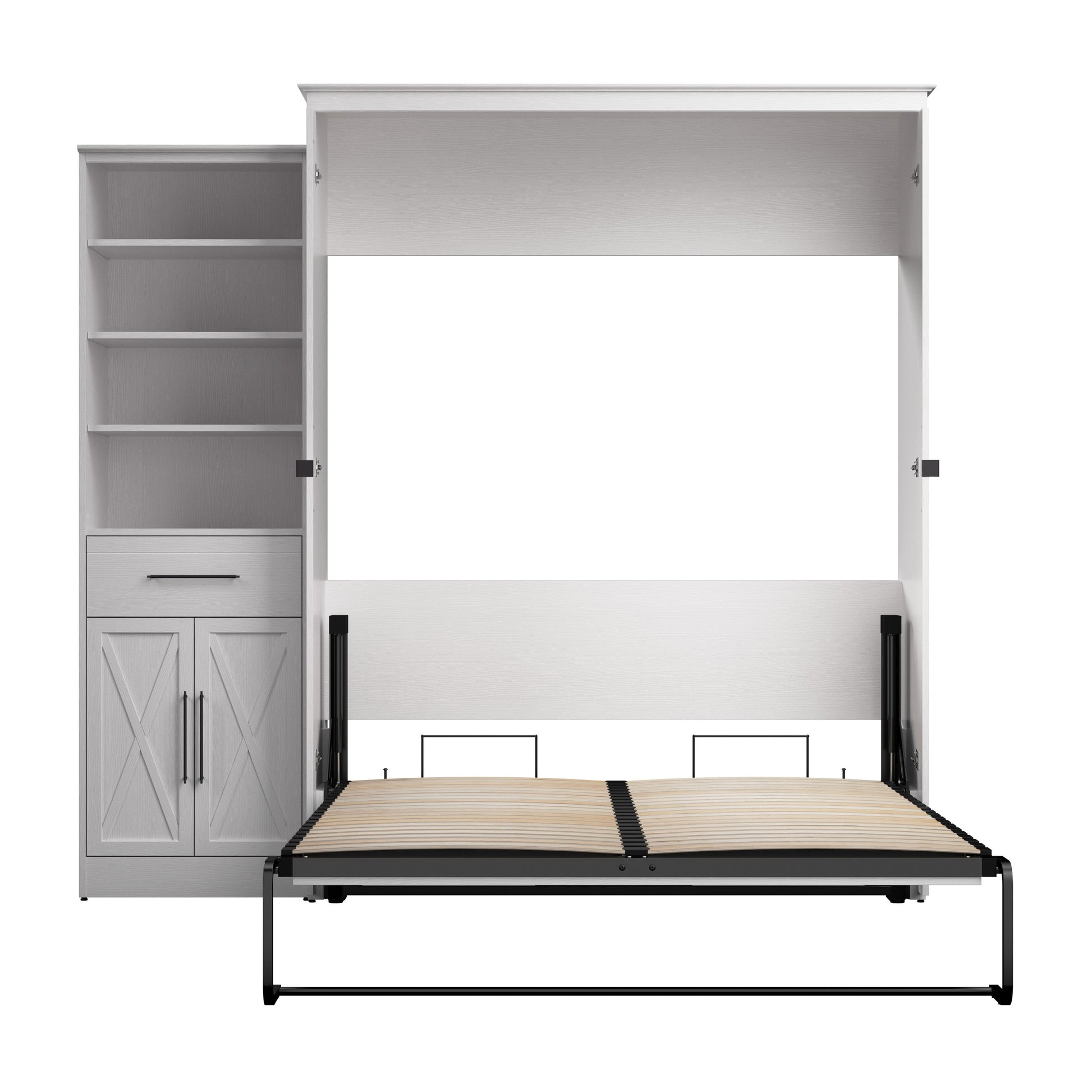 Modubox Key West 93W Queen Murphy Bed and Closet Organizer with Drawer and Doors (94W) in Pure White Oak