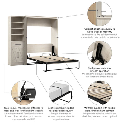 Modubox Key West 87W Full Murphy Bed and Closet Organizer with Drawer and Doors (88W) in Linen White Oak