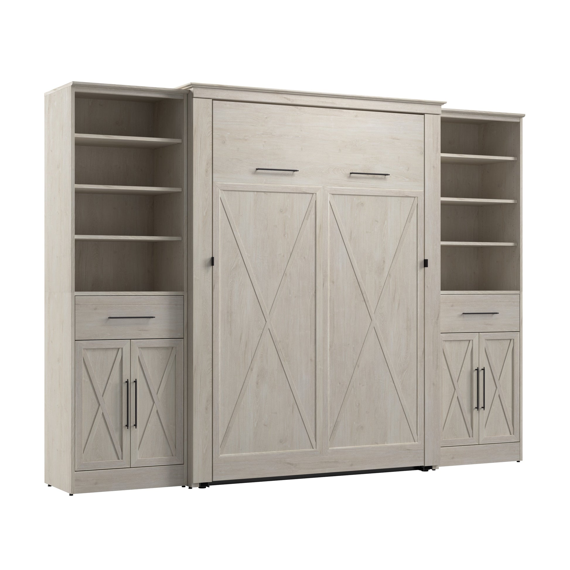 Modubox Key West 111W Full Murphy Bed and Closet Organizers with Doors and Drawers (113W) in Linen White Oak