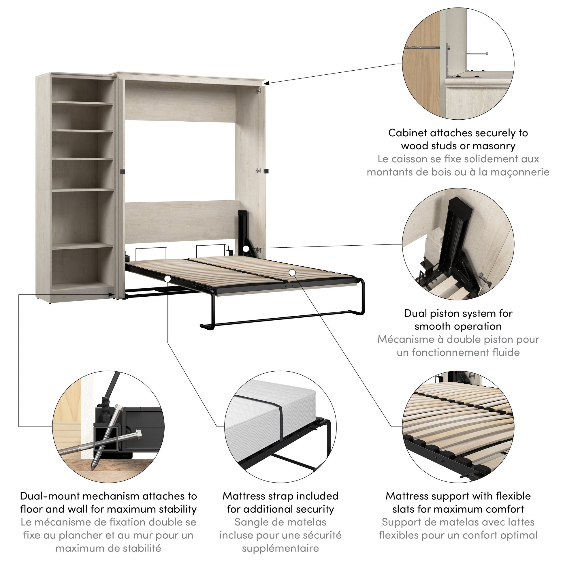 Modubox Key West 87W Full Murphy Bed with Closet Organizer (88W) in Linen White Oak