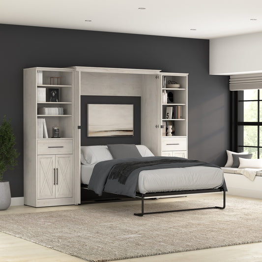 Modubox Key West 111W Full Murphy Bed and Closet Organizers with Doors and Drawers (113W) in Linen White Oak