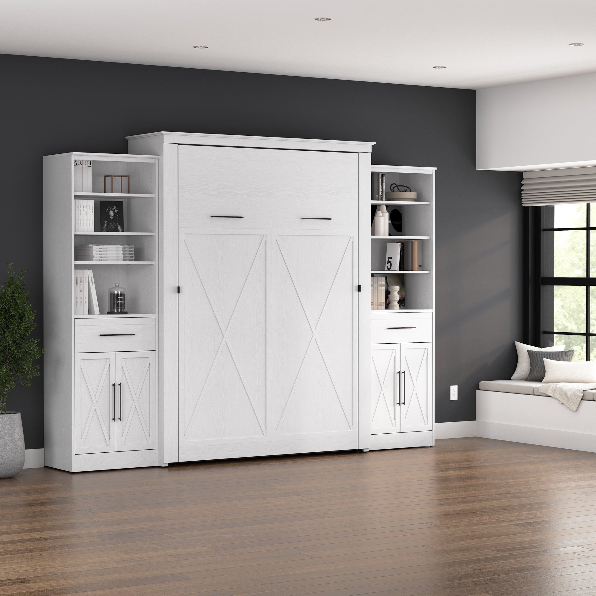 Modubox Key West 117W Queen Murphy Bed and Closet Organizers with Doors and Drawers (119W) in Pure White Oak