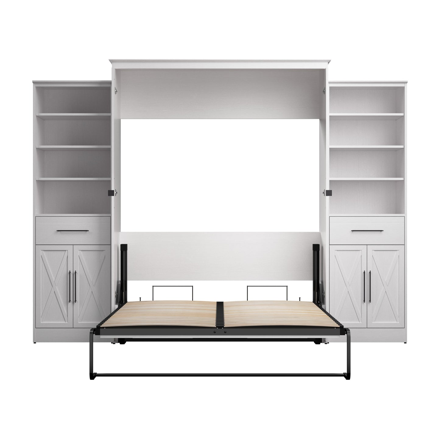 Modubox Key West 117W Queen Murphy Bed and Closet Organizers with Doors and Drawers (119W) in Pure White Oak