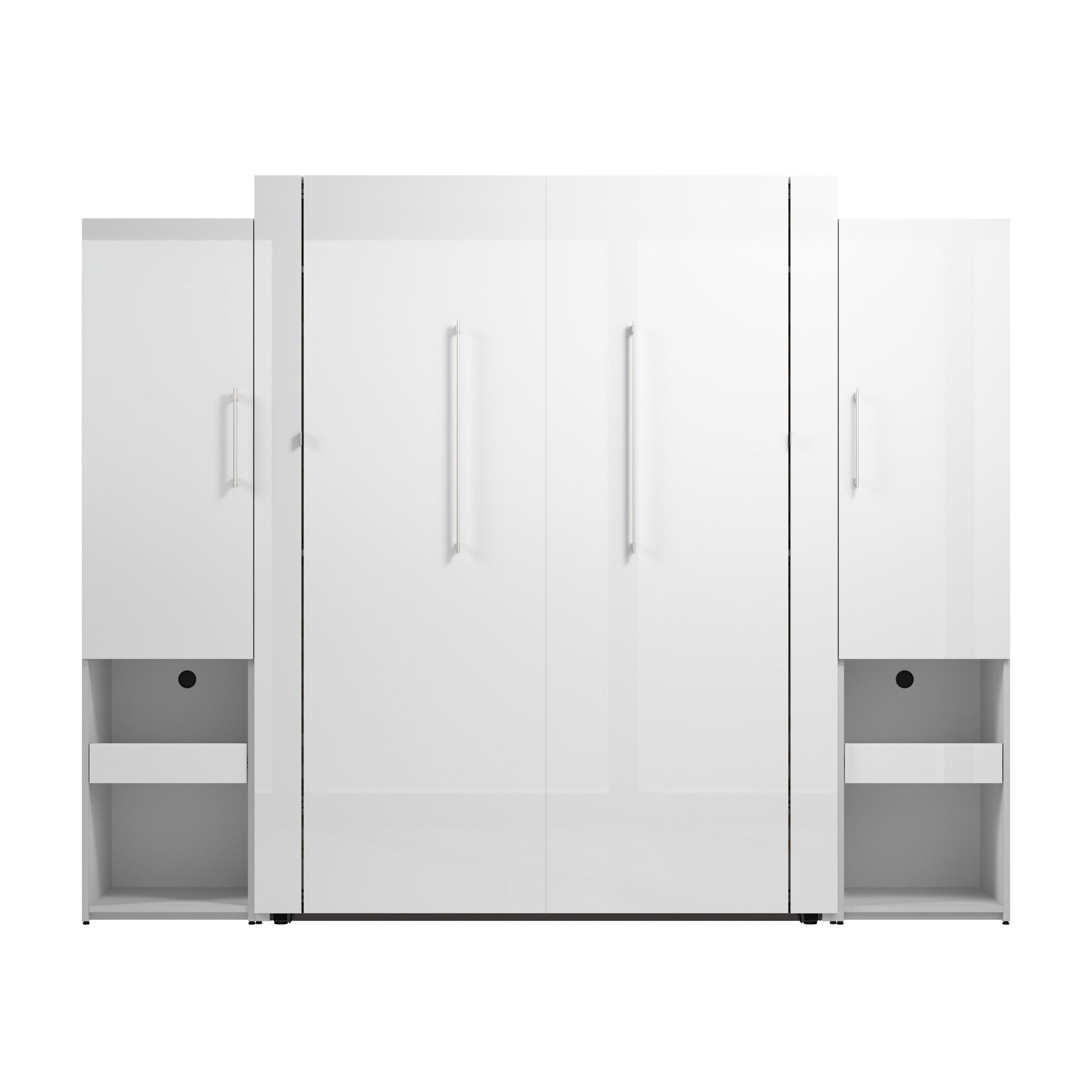 Modubox Avalon High Gloss Queen Murphy Bed and Storage Cabinets with Pull-Out Shelf (107W) in High Gloss White