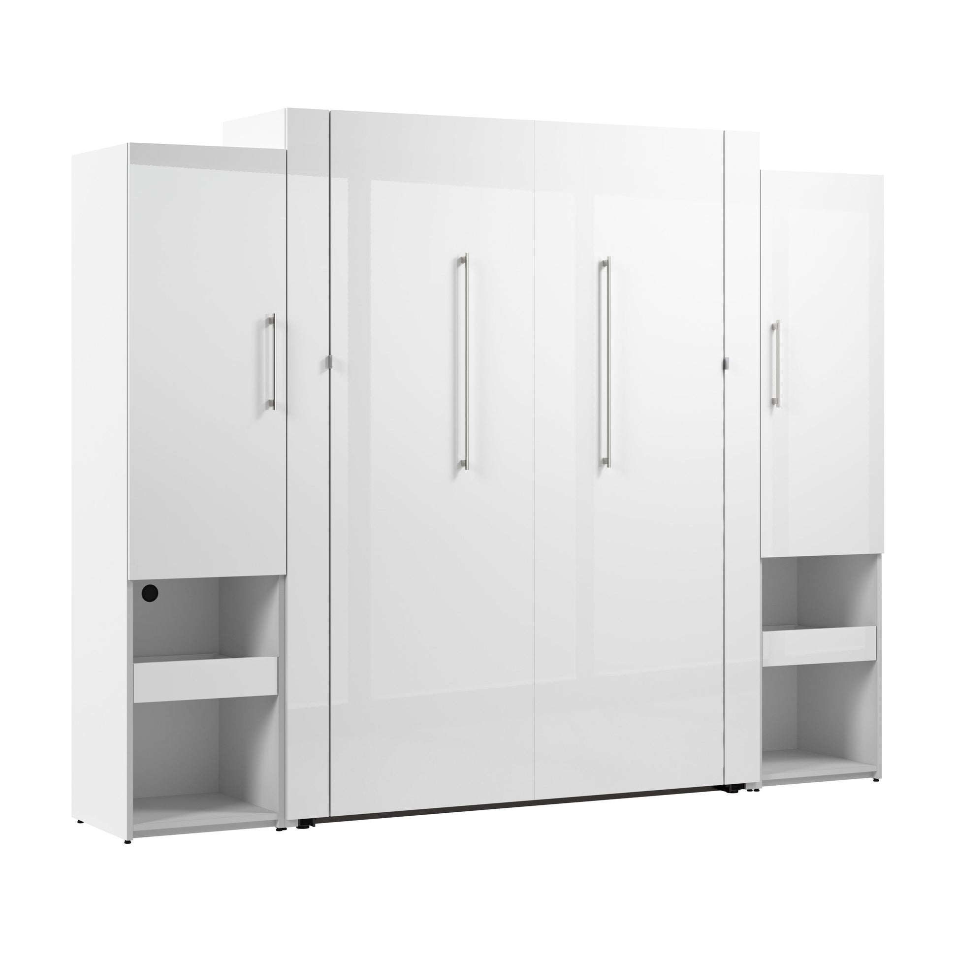 Modubox Avalon High Gloss Queen Murphy Bed and Storage Cabinets with Pull-Out Shelf (107W) in High Gloss White