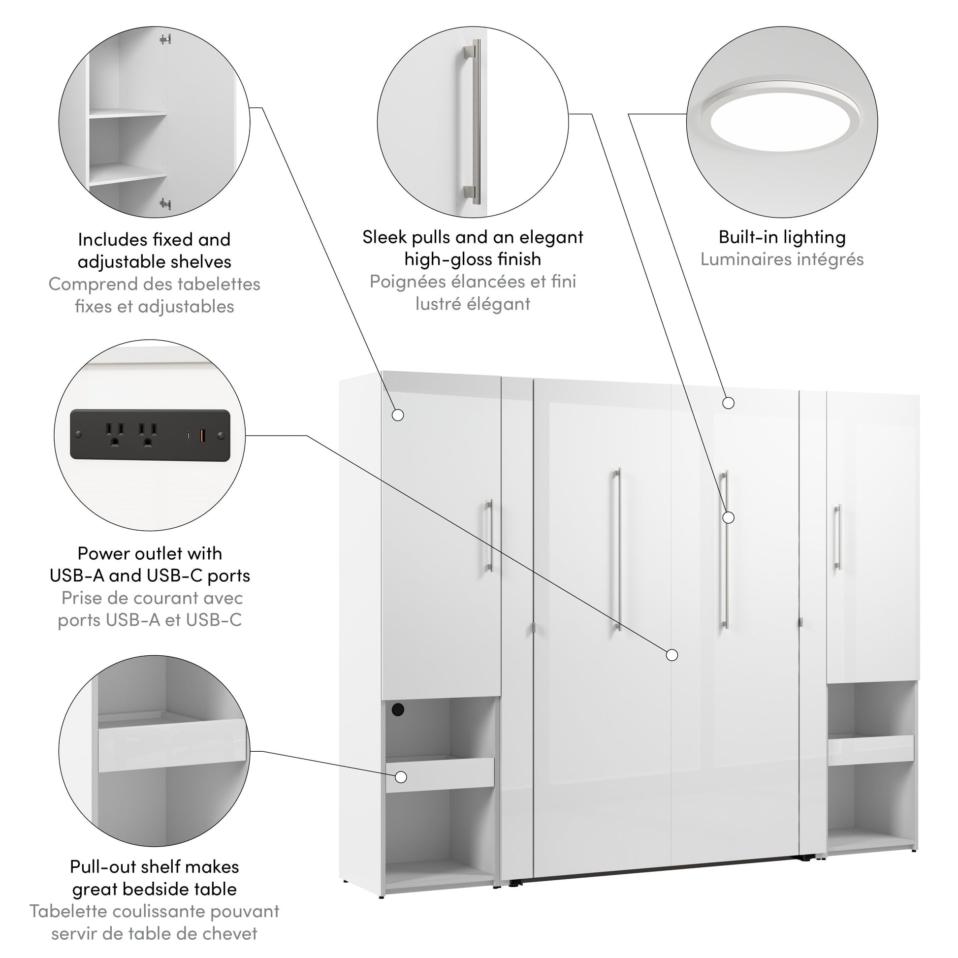 Modubox Avalon High Gloss Full Murphy Bed and Storage Cabinets with Pull-Out Shelf (101W) in High Gloss White