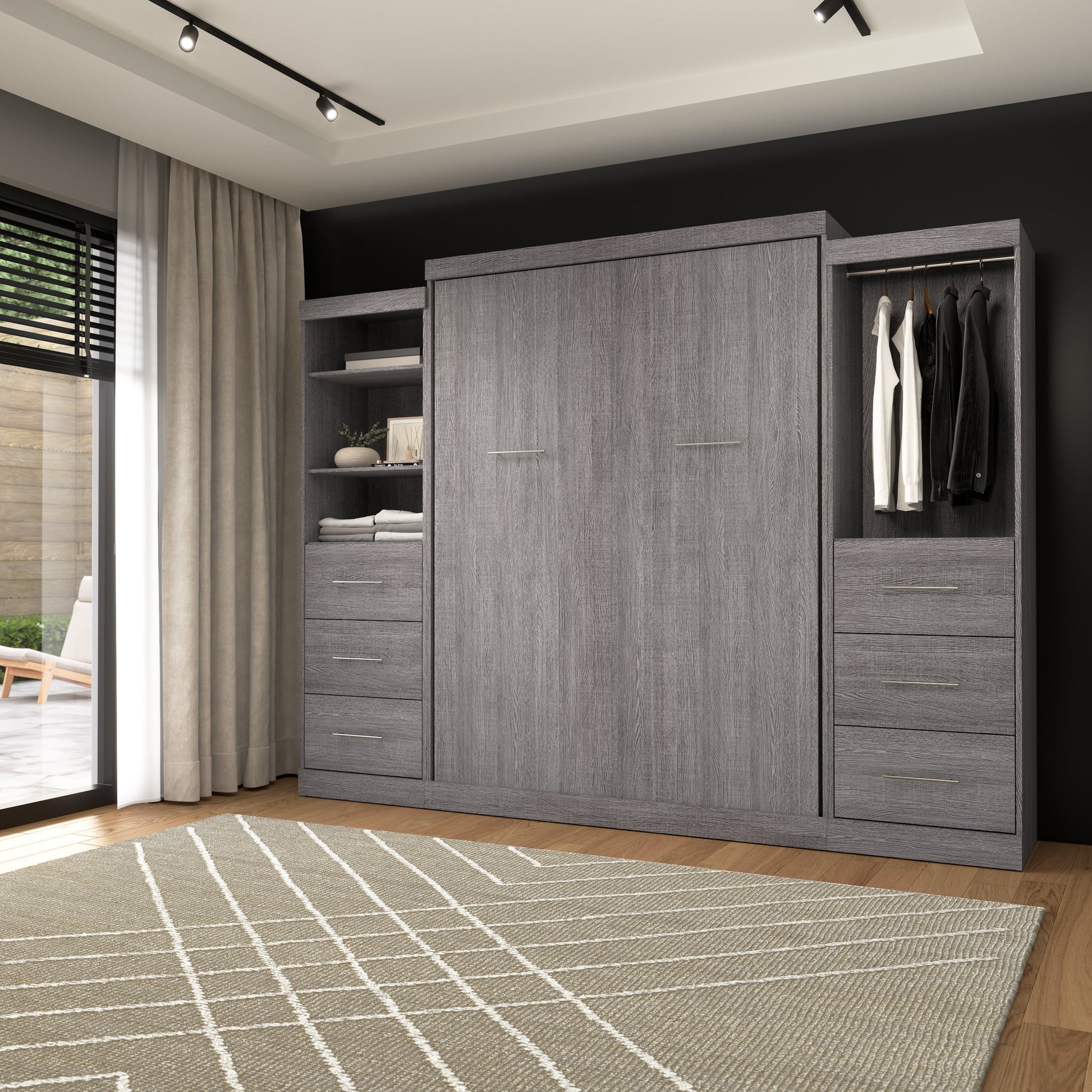 Modubox Nebula Queen Murphy Bed and 2 Closet Organizers with Drawers (115W) in Bark Grey