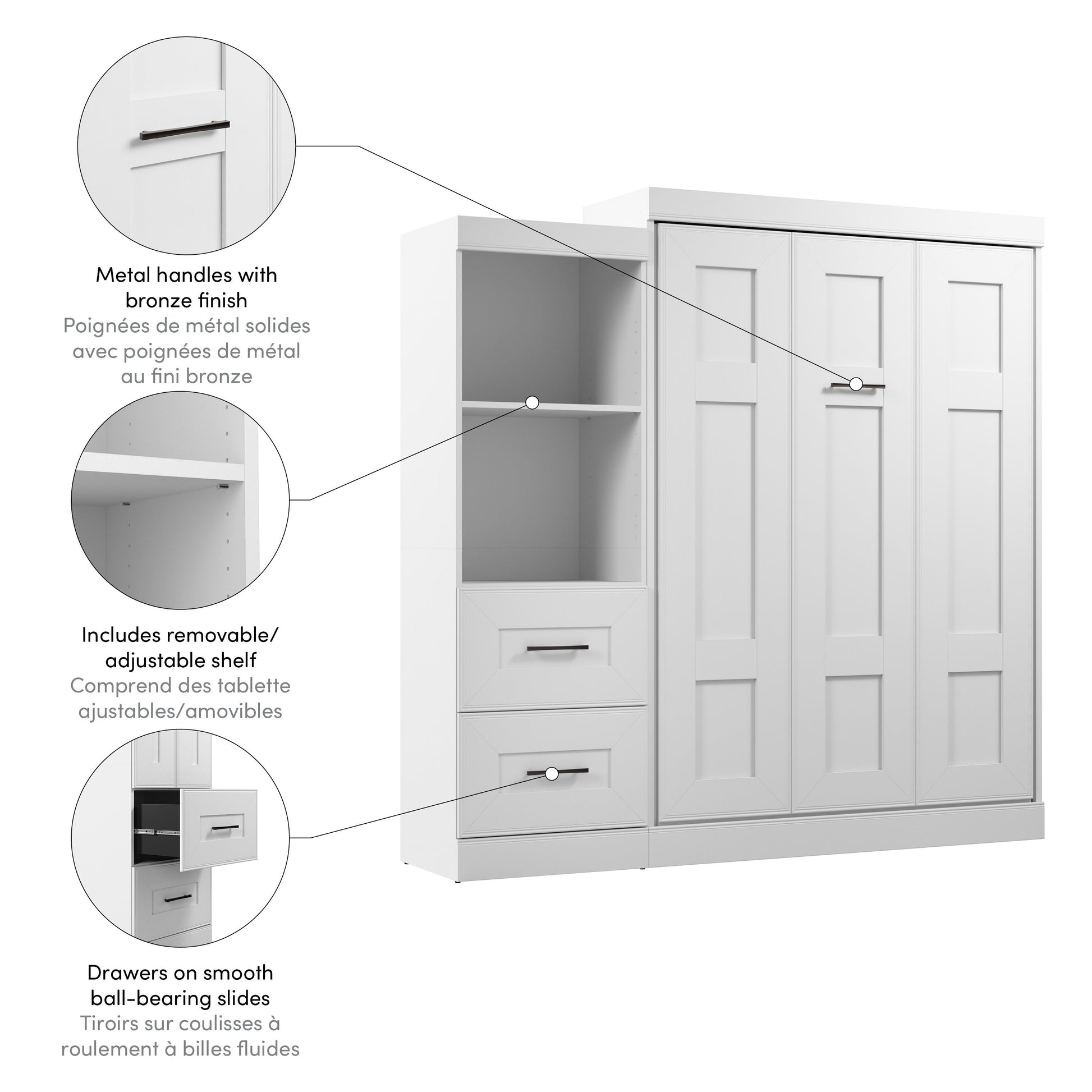 Modubox Edge Full Murphy Bed and Closet Organizer with Drawers (85W) in White