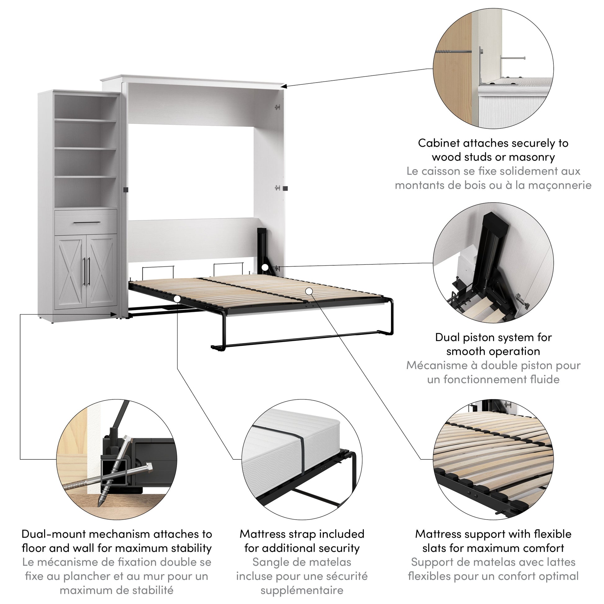 Modubox Key West 93W Queen Murphy Bed and Closet Organizer with Drawer and Doors (94W) in Pure White Oak