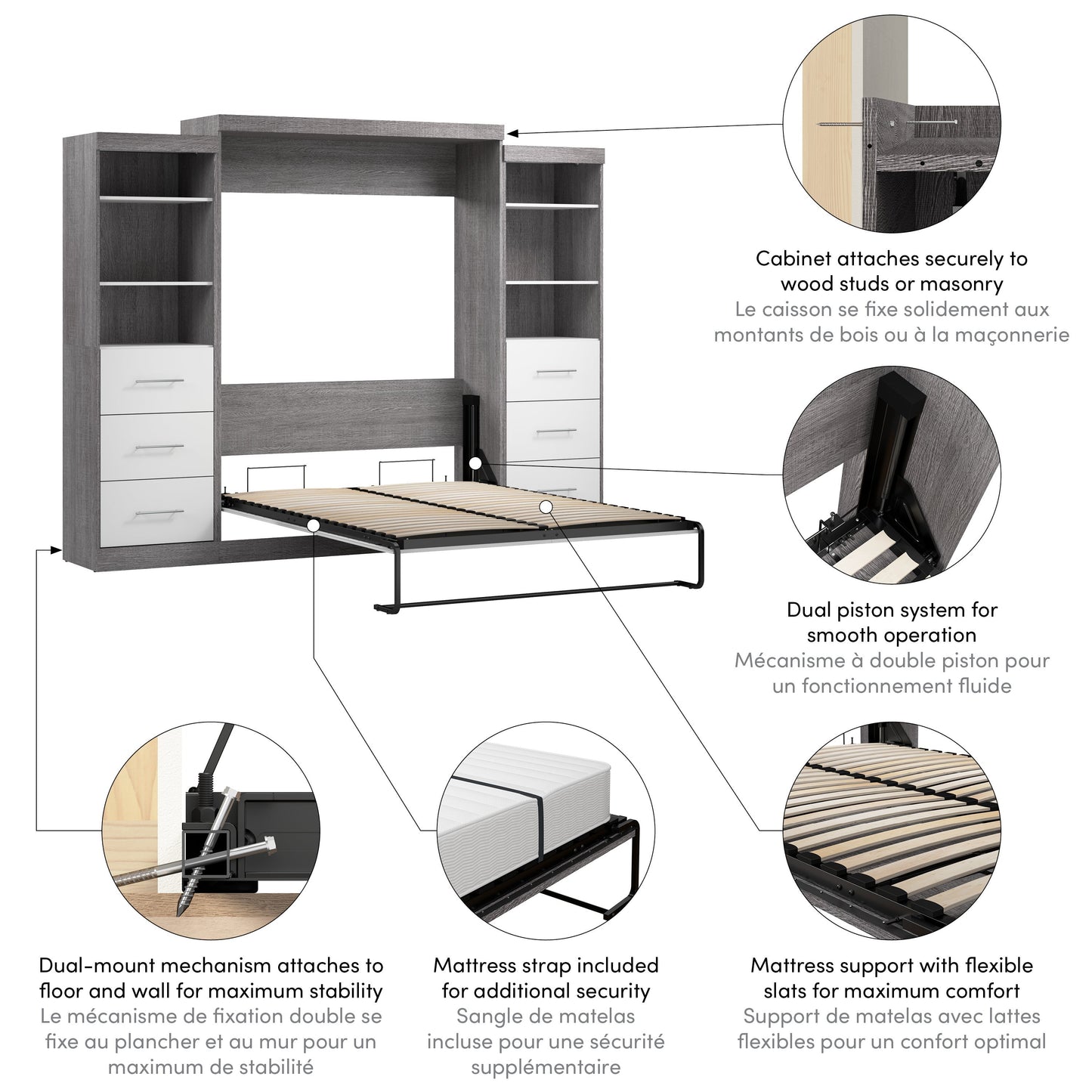 Modubox Nebula Queen Murphy Bed and 2 Closet Organizers with Drawers (115W) in Bark Grey & White