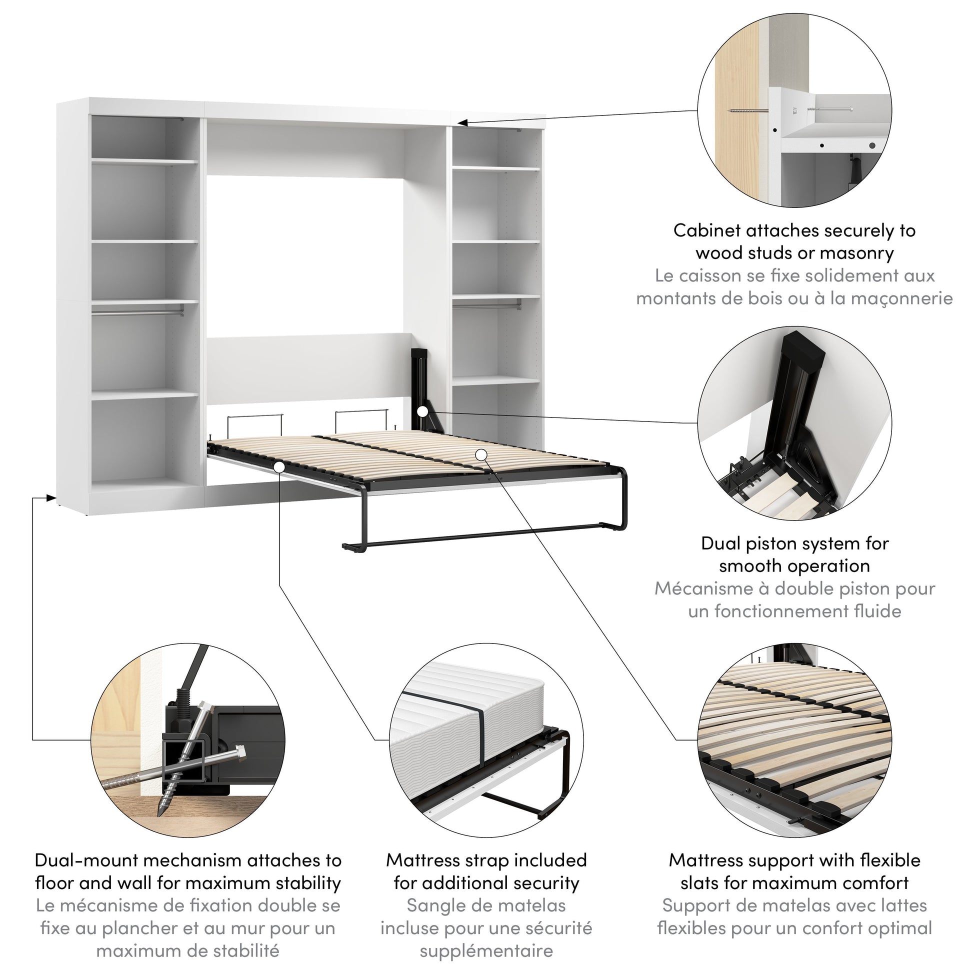 Modubox Nebula Full Murphy Bed and 2 Closet Organizers (109W) in White