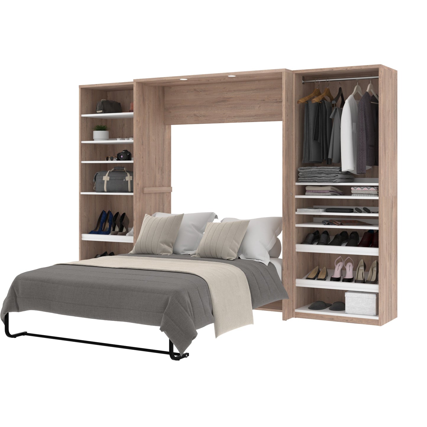 Modubox Cielo Full Murphy Bed with 2 Closet Organizers (119W) in Rustic Brown & White