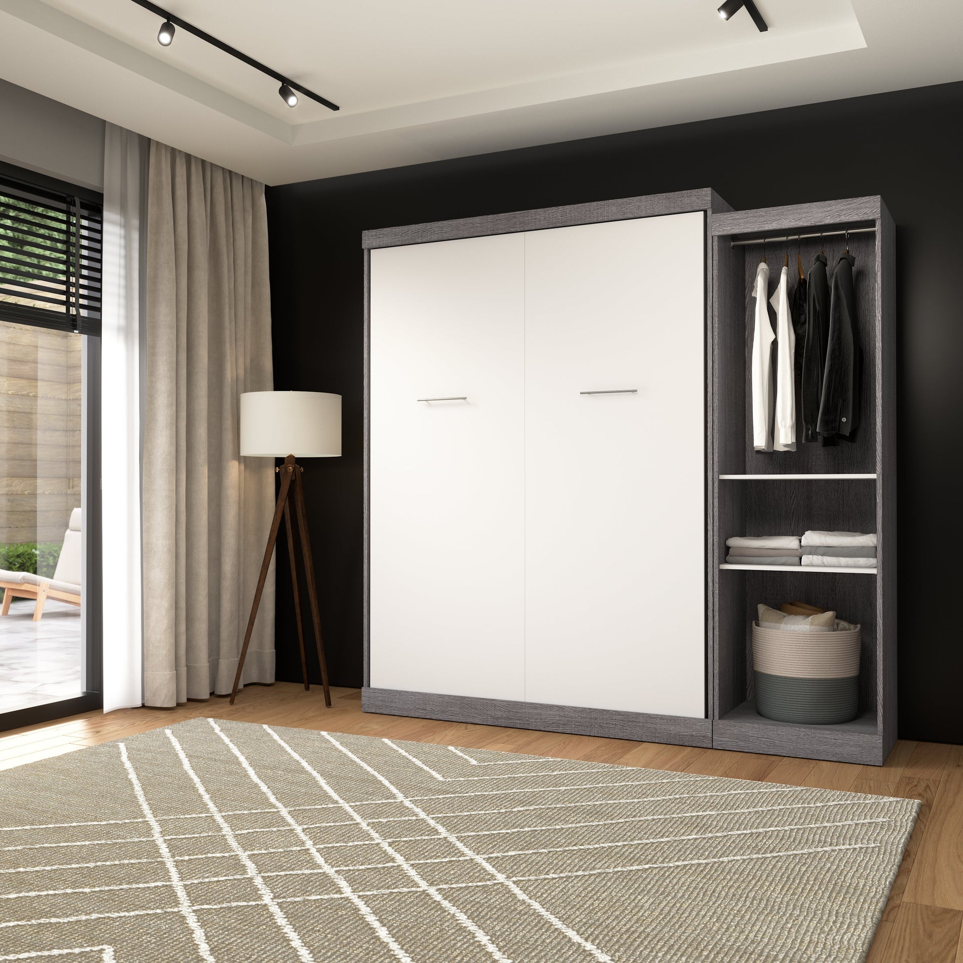 Modubox Nebula Queen Murphy Bed with Closet Organizer (90W) in Bark Grey & White