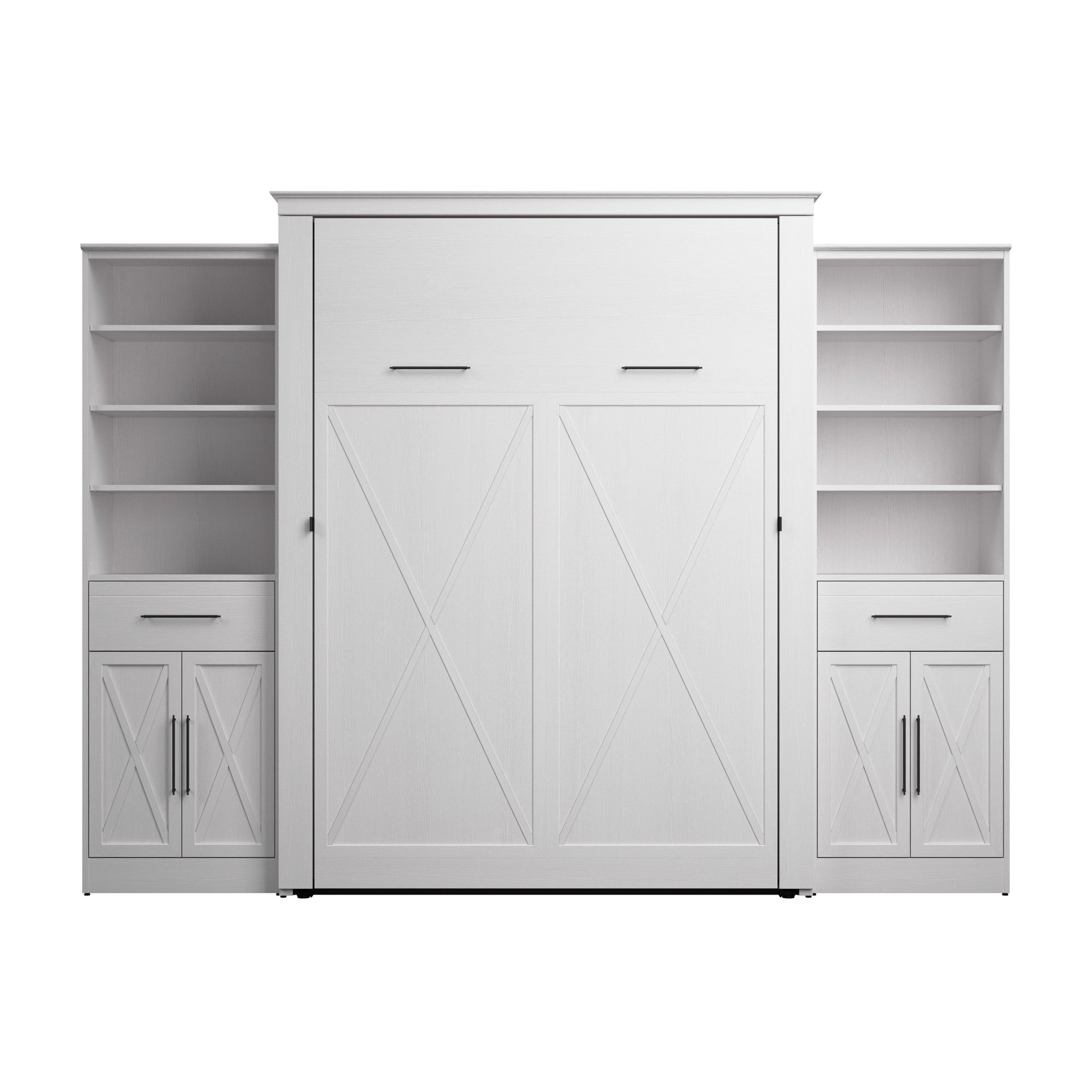 Modubox Key West 117W Queen Murphy Bed and Closet Organizers with Doors and Drawers (119W) in Pure White Oak