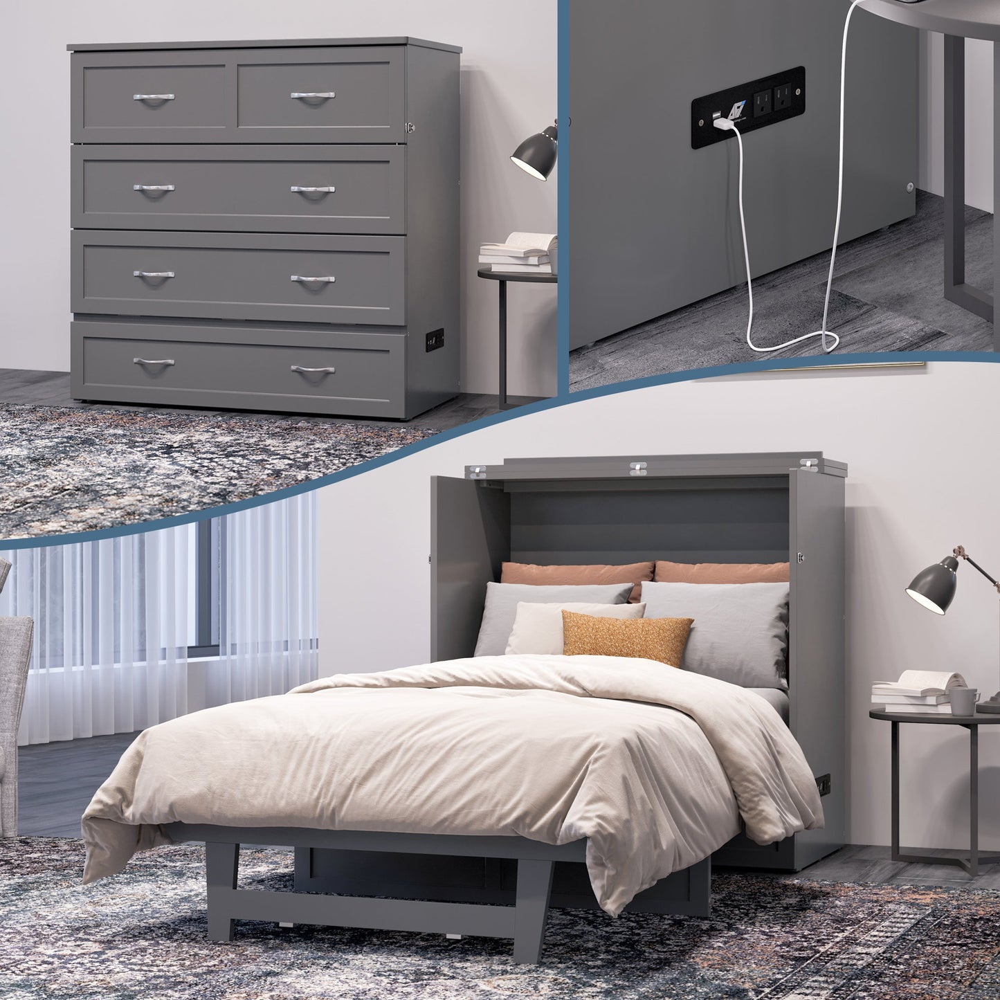 AFI Furnishings Afi Northfield Size Murphy Bed Chest with 6" Matteress, Storage Drawer, & Built-in Charger Twin XL siz in Grey