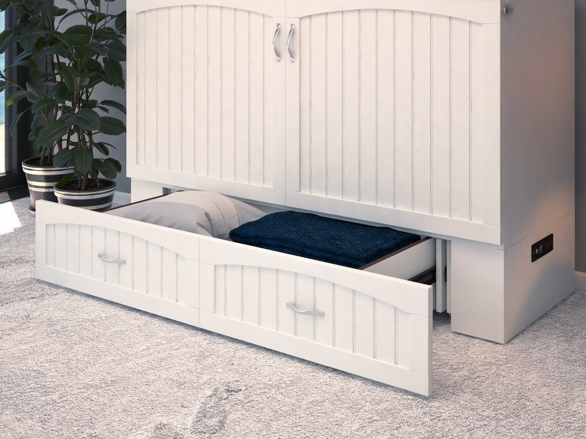 AFI Furnishings Afi Southamptonne Murphy Bed Chest with 6" Matteress, Storage Drawer, & Built-in Charger Queen siz in White