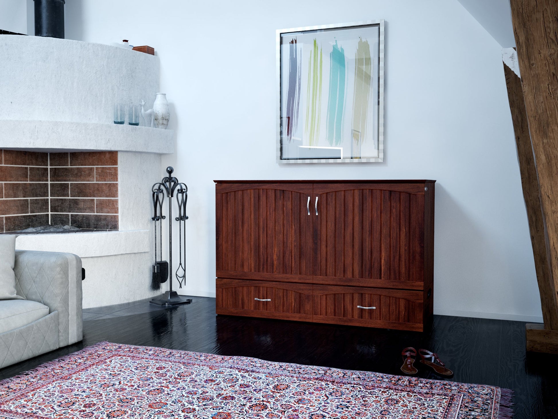 AFI Furnishings Afi Southamptonne Murphy Bed Chest with 6" Matteress, Storage Drawer, & Built-in Charger Queen size in Walnut