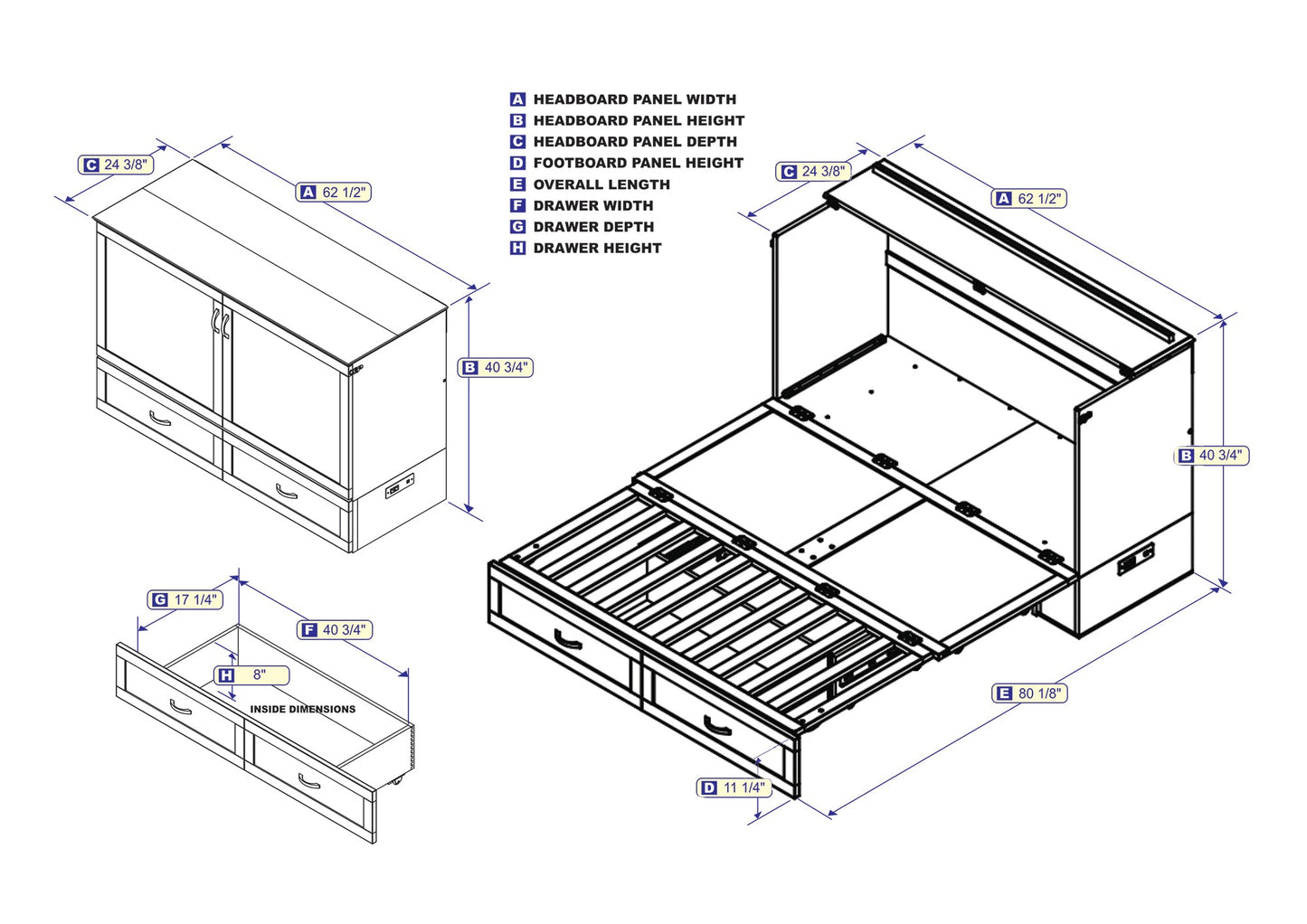 AFI Furnishings Afi Hamiltonne Murphy Bed Chest with 6" Matteress, Storage Drawer, & Built-in Charger Queen siz in White