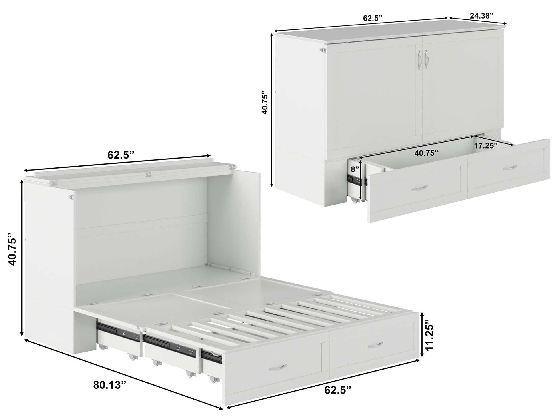 AFI Furnishings Afi Hamiltonne Murphy Bed Chest with 6" Matteress, Storage Drawer, & Built-in Charger Queen siz in White