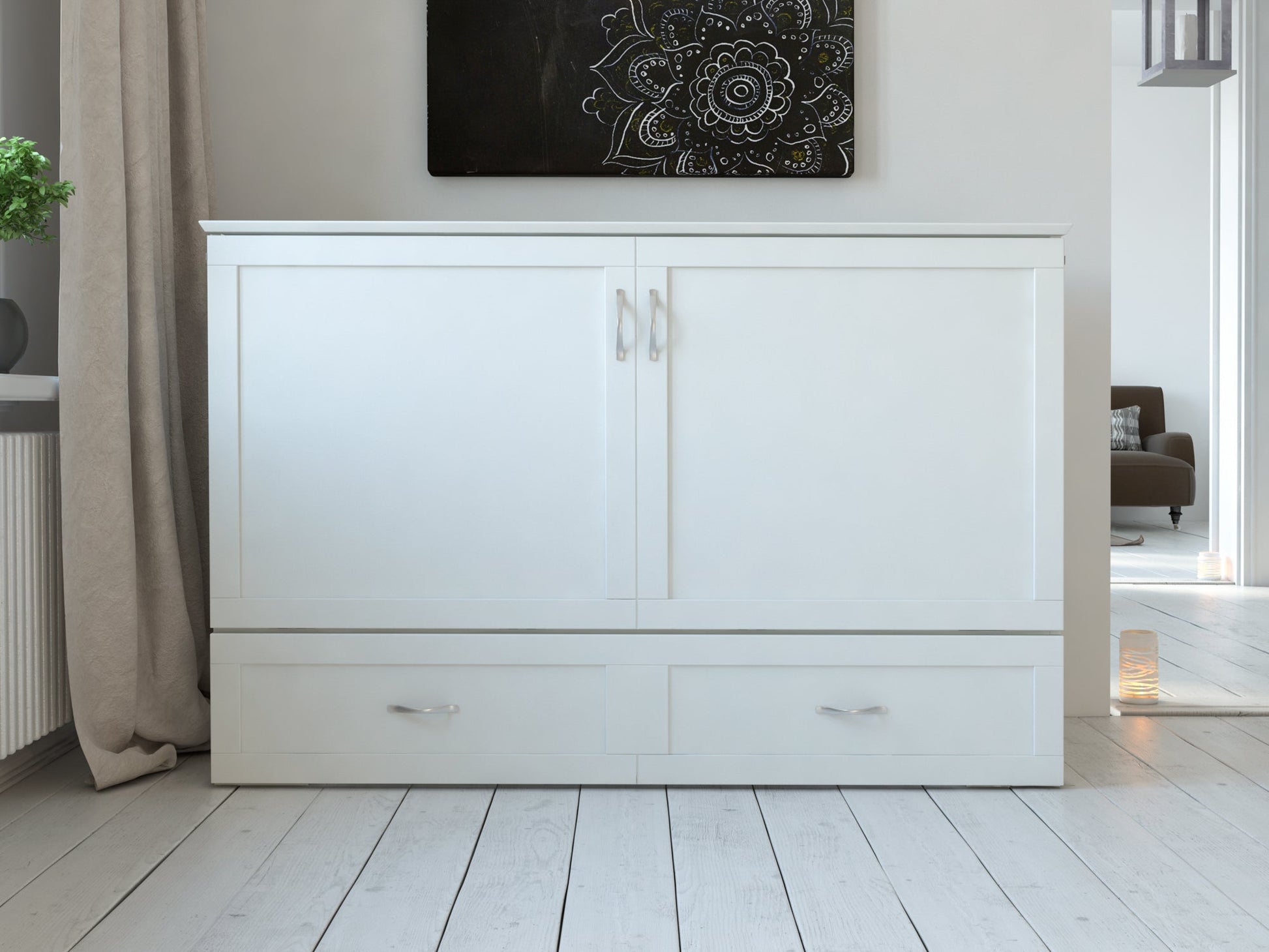 AFI Furnishings Afi Hamiltonne Murphy Bed Chest with 6" Matteress, Storage Drawer, & Built-in Charger Queen siz in White