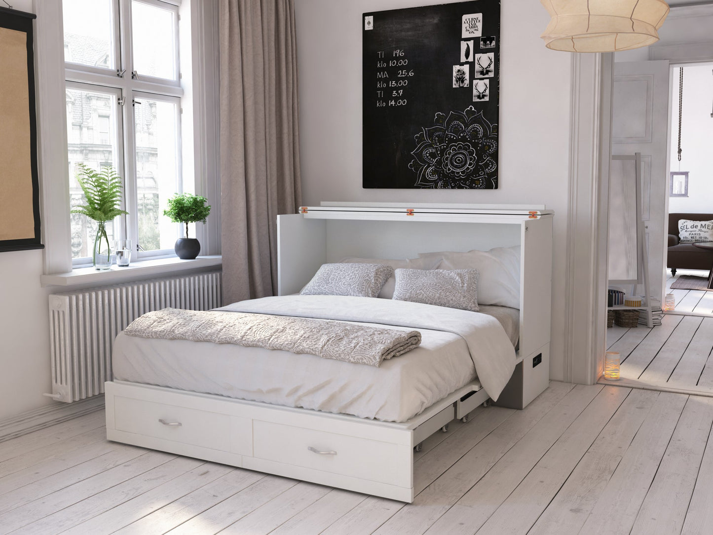 AFI Furnishings Afi Hamiltonne Murphy Bed Chest with 6" Matteress, Storage Drawer, & Built-in Charger Queen siz in White