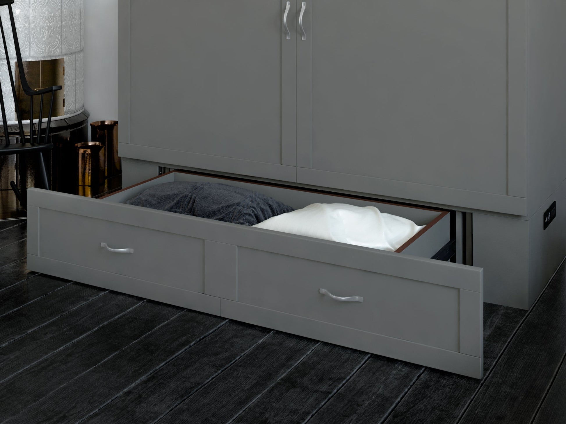 AFI Furnishings Afi Hamiltonne Murphy Bed Chest with 6" Matteress, Storage Drawer, & Built-in Charger Queen siz in Grey