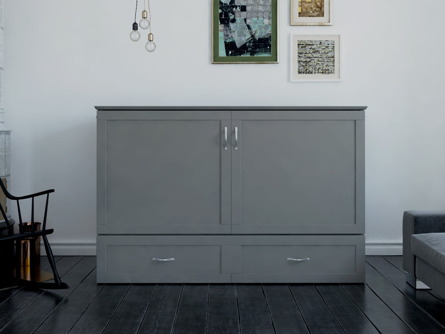 AFI Furnishings Afi Hamiltonne Murphy Bed Chest with 6" Matteress, Storage Drawer, & Built-in Charger Queen siz in Grey