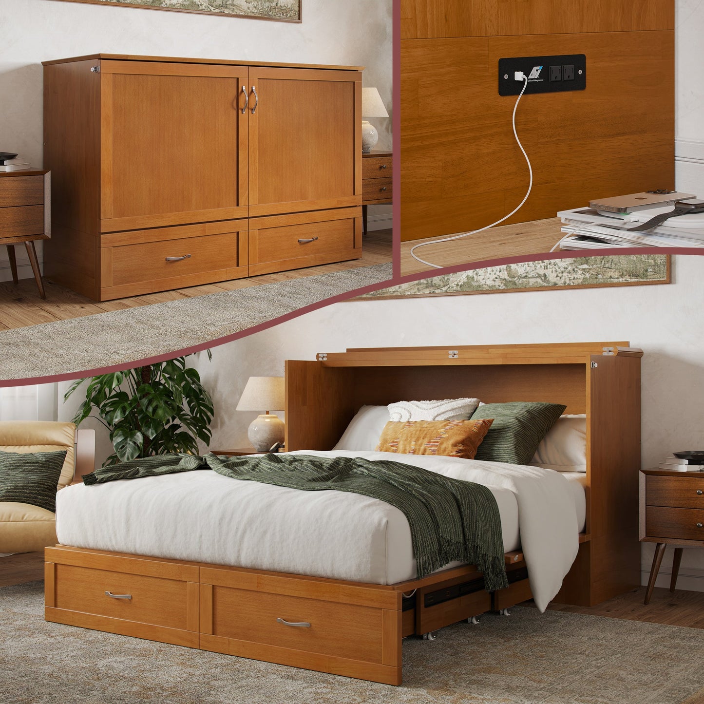 AFI Furnishings Afi Hamiltonne Murphy Bed Chest with 6" Matteress, Storage Drawer, & Built-in Charger Queen siz in Light Toffee