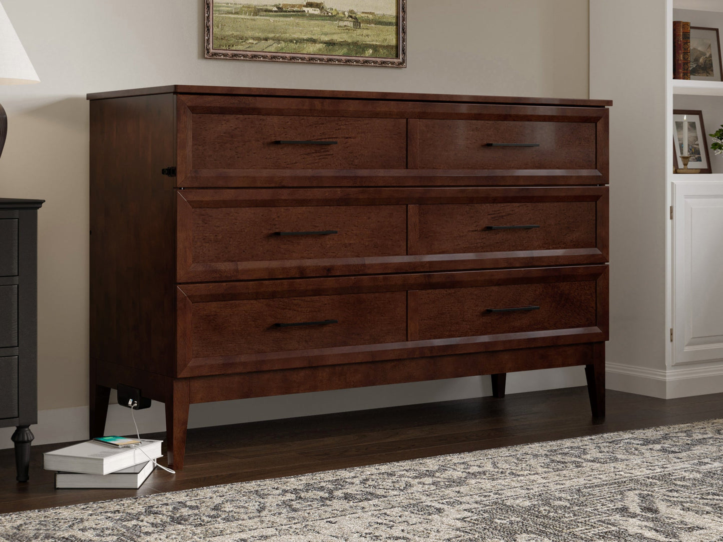 AFI Furnishings Santa Fe Solid Wood Murphy Bed Chest with 6" Matteress & Built-in Charger Queen size in Walnut