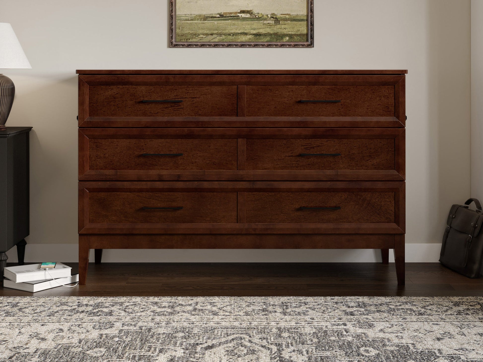 AFI Furnishings Santa Fe Solid Wood Murphy Bed Chest with 6" Matteress & Built-in Charger Queen size in Walnut