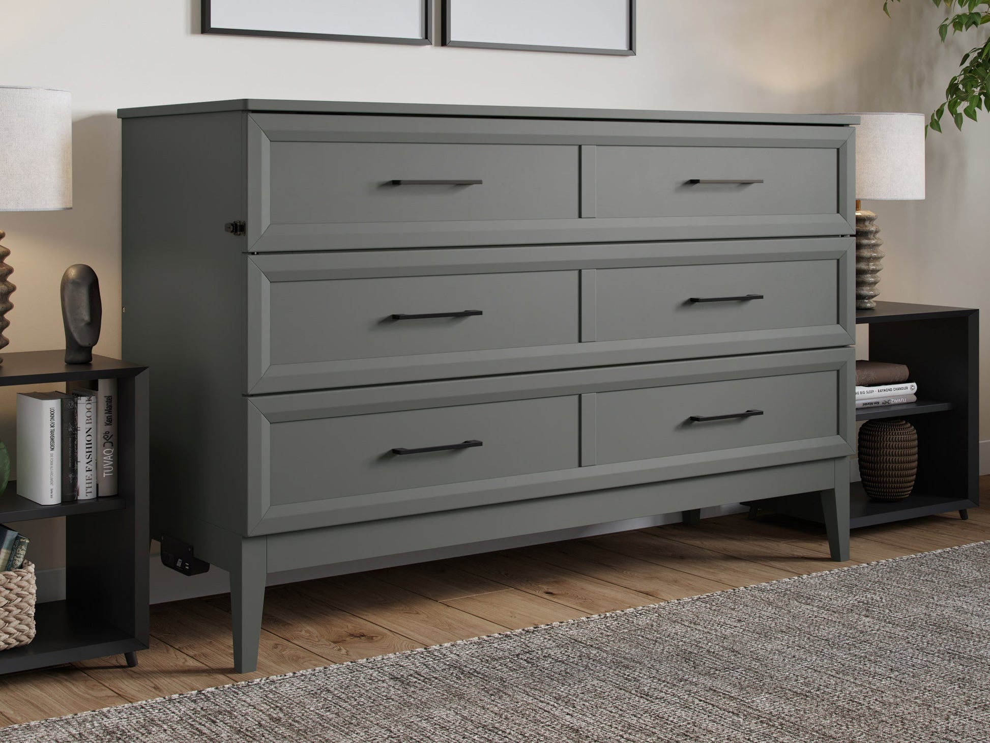 AFI Furnishings Santa Fe Solid Wood Murphy Bed Chest with 6" Matteress & Built-in Charger Queen siz in Grey