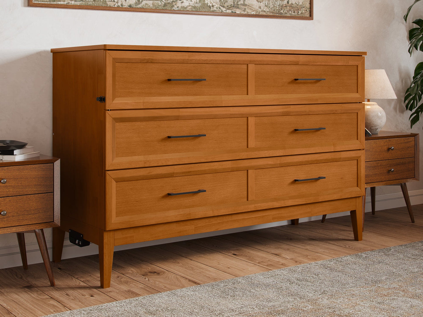 AFI Furnishings Santa Fe Solid Wood Murphy Bed Chest with 6" Matteress & Built-in Charger Queen siz in Light Toffee