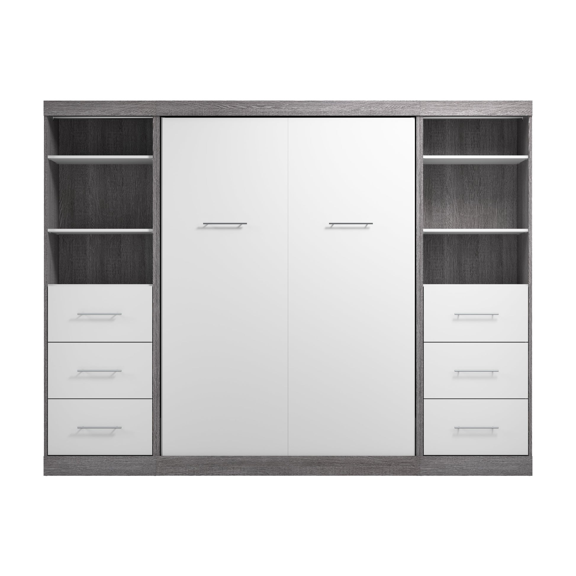 Modubox Nebula Full Murphy Bed and 2 Closet Organizers with Drawers (109W) in Bark Grey & White