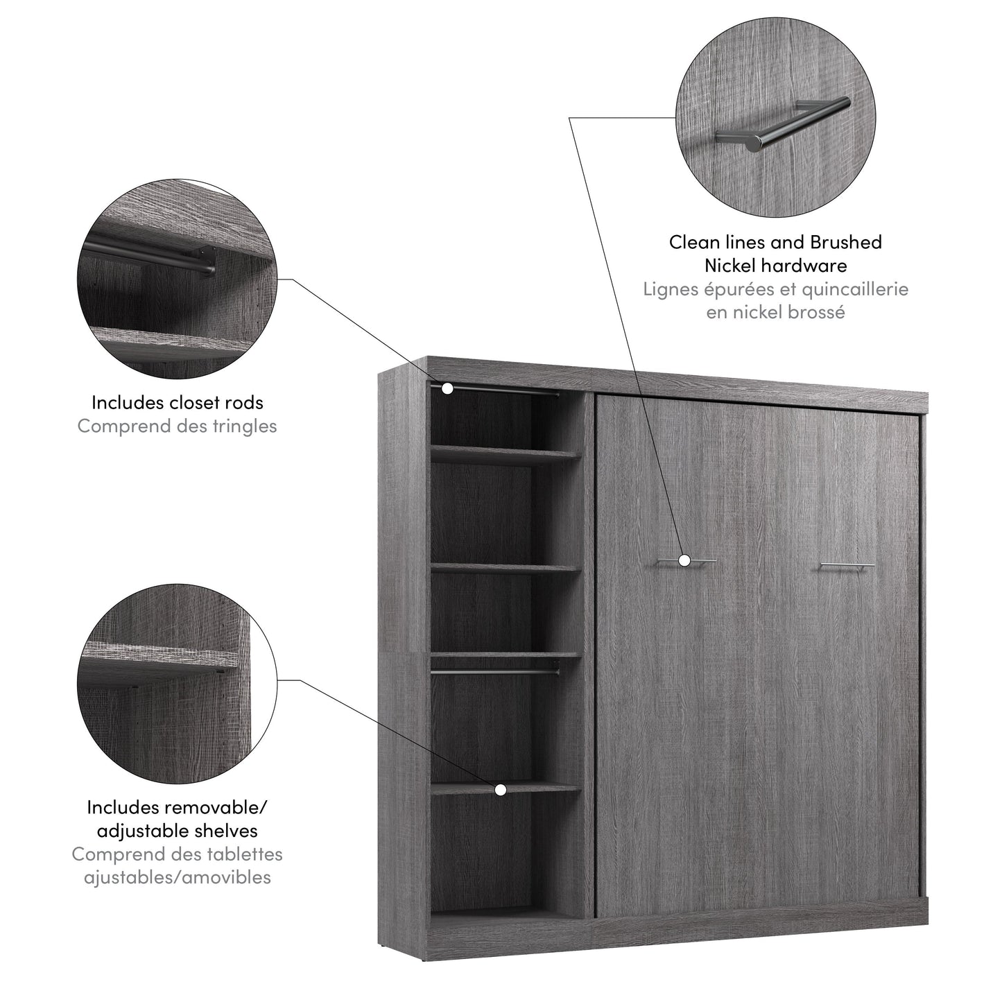 Modubox Nebula Full Murphy Bed with Closet Organizer (84W) in Bark Grey