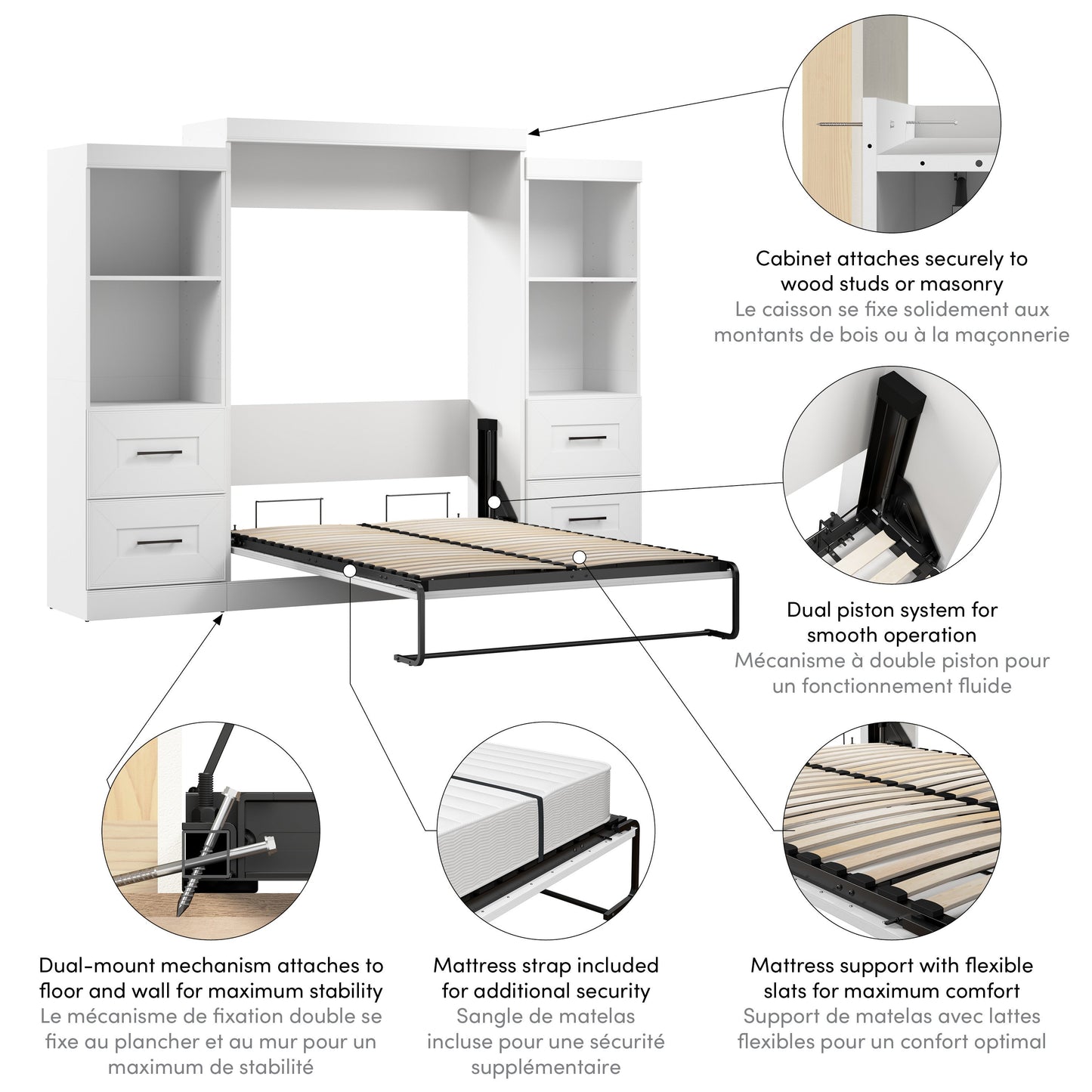 Modubox Edge Full Murphy Bed and Closet Organizers with Drawers (110W) in White