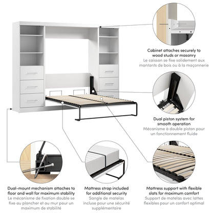 Modubox Nebula Full Murphy Bed and 2 Closet Organizers with Drawers (109W) in White