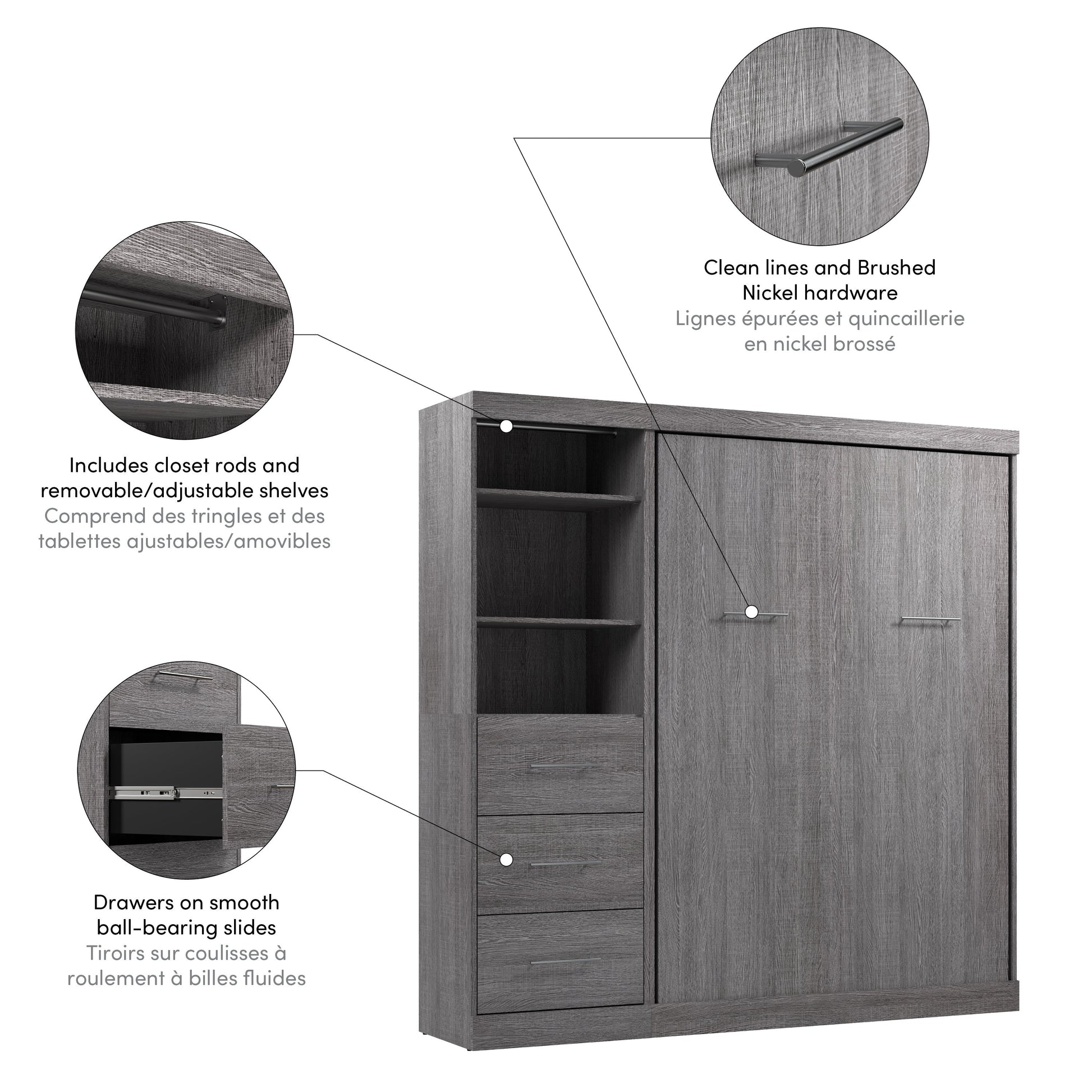 Modubox Nebula Full Murphy Bed and Closet Organizer with Drawers (84W) in Bark Grey