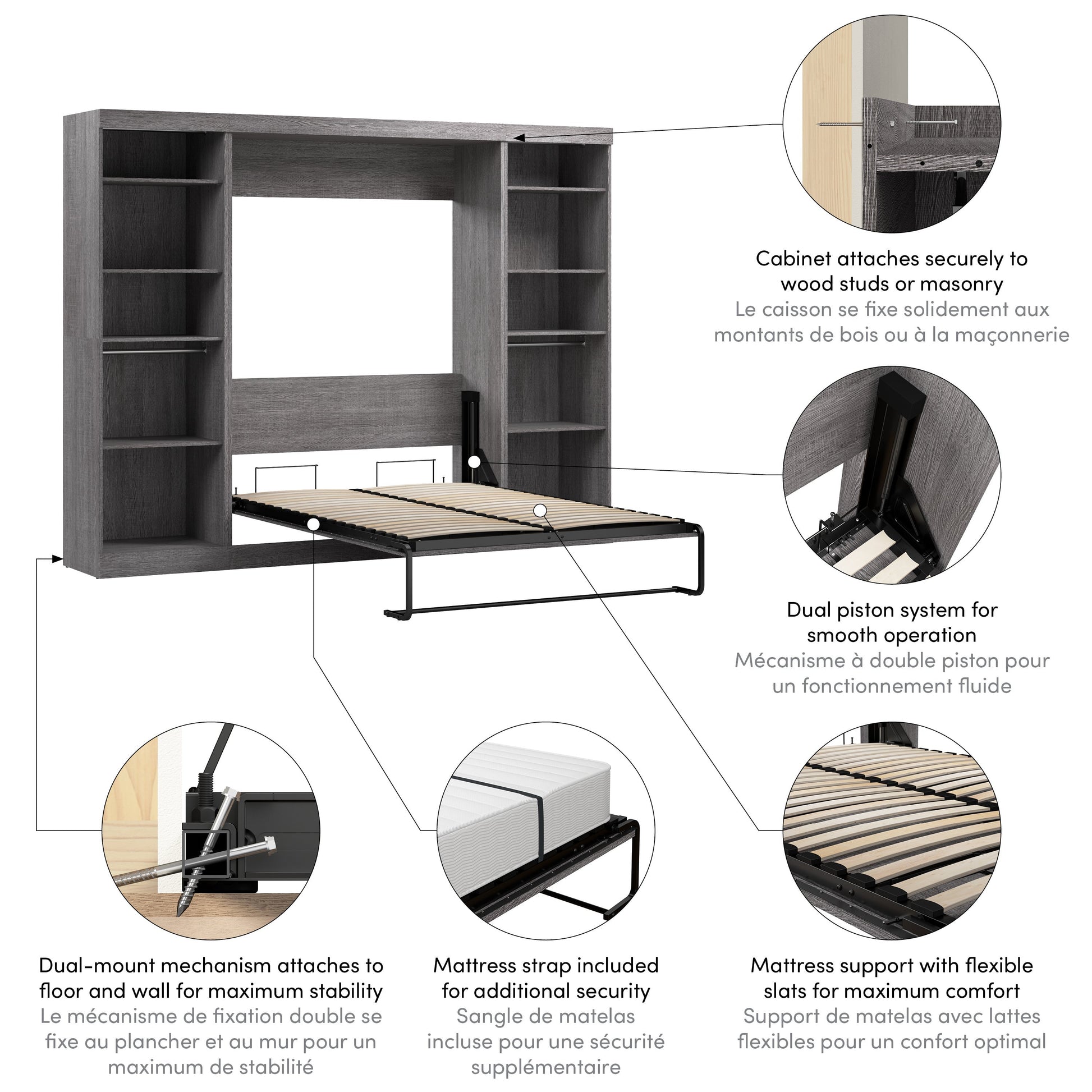 Modubox Nebula Full Murphy Bed and 2 Closet Organizers (109W) in Bark Grey