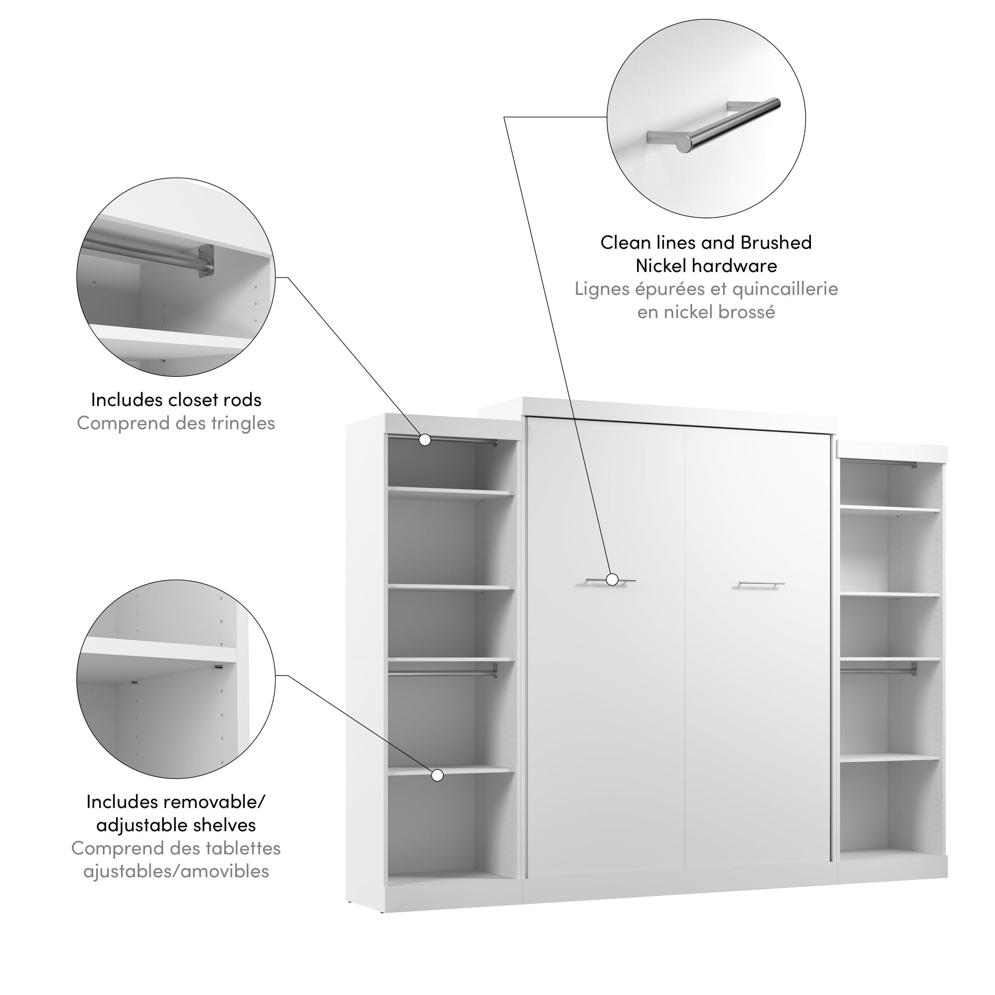 Modubox Nebula Queen Murphy Bed with 2 Closet Organizers (115W) in White